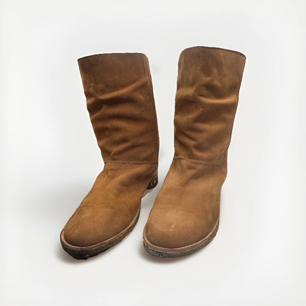 Beek Tan Suede Mid Calf Slouch Boots Crepe Sole Studded Heel‎ Bohemian Brown